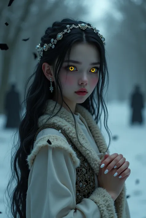 1girl, Long Hair, Black Hair, , drak cute yellow neon eyes,,very white skin, ,Earrings, Anatomically Correct, Masterpiece, High Resolution, Accurate, Very Long Hair with crown, wearing winter princess fluffy viking white dress and silk modest scarf on her ...