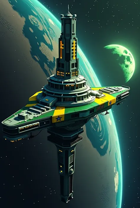 space city ship with the colors and flag of Brazil and Brasilia, next to a blue and brown planet with a green moon