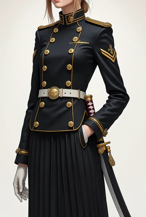 jacket: 
 Slightly fitted at the waist to maintain a sleek figure without being tight. Gold trim and gold buttons are also present., along with discreet gold embroidery on the sleeves or collar.
 Knee-length accordion skirt with a gold stripe on the sides....