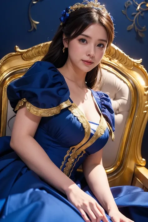 Medium display, Medium Shot, Written boundary depth, bust,Photograph the whole body, Movie angle, masterpiece, Highest quality, Very detailed, CG, 8k wallpaper, Beautiful Face, Delicate eyes, Otome, alone, smile, have, Cobalt blue dress with gold trim, Hig...