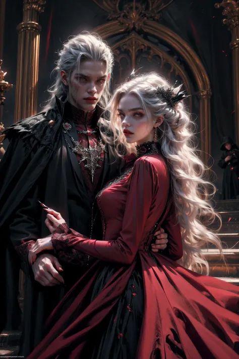 beautiful vampire woman , very long white hair ,red golden eyes , black gown , black victorian dress , piercing look and red lip...