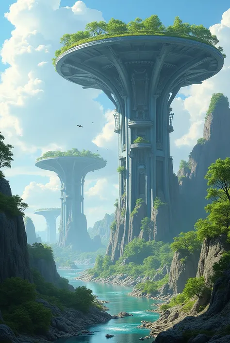 A landscape of a futuristic world where people live in a multiple giant technological mega structures in the shape of giant trees. Make these tree like structures super futuristic with very little actual green. Make sure there are rivers and animals. Make ...