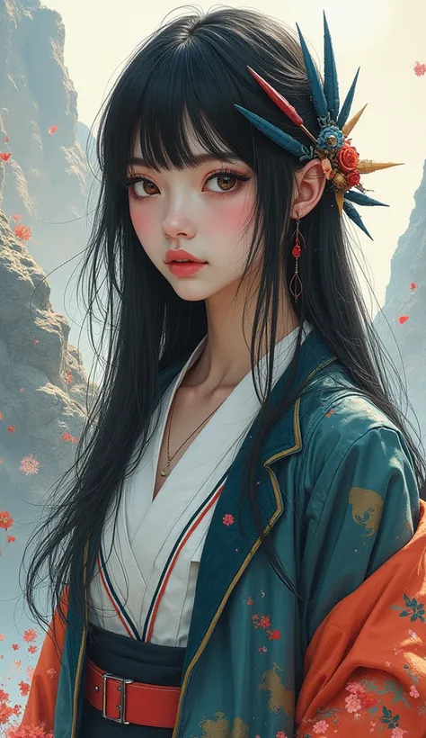 (masterpiece), (photograph_(Moderate):1.0), Antonio J.. Manzanado, Jeremy Lipking, One girl, In a surreal landscape, Watercolor style, Strokes, Dark brown eyes, Hime cut, Black Hair, cyber punk, kimono, Arrow feather jacket