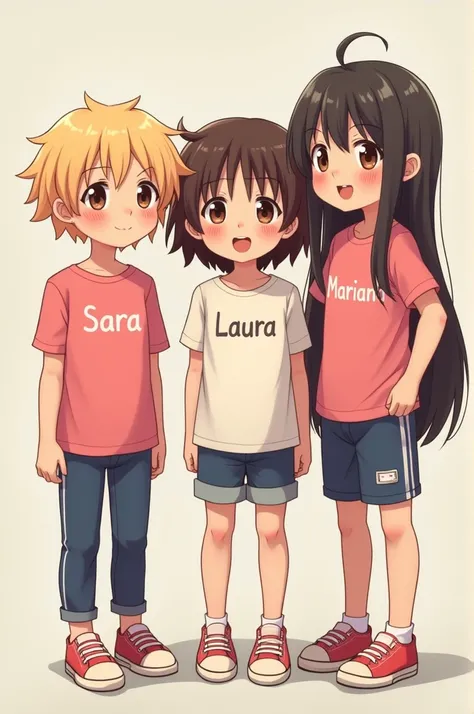 Let there be three girls, one with cute, short hair, Blonde hair the shirt is pink and says Sara.
The other girl who has dark brown hair and the shirt says Laura
And the last one who has long black hair, let the pink shirt say Mariana