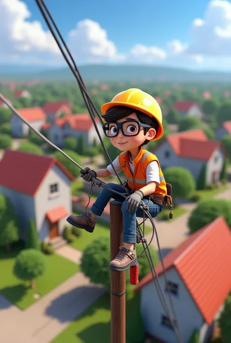 A young electrician , Disney Pixar style,up on a pole doing work on the power lines,with helmet , vest and protective glasses with black glasses 