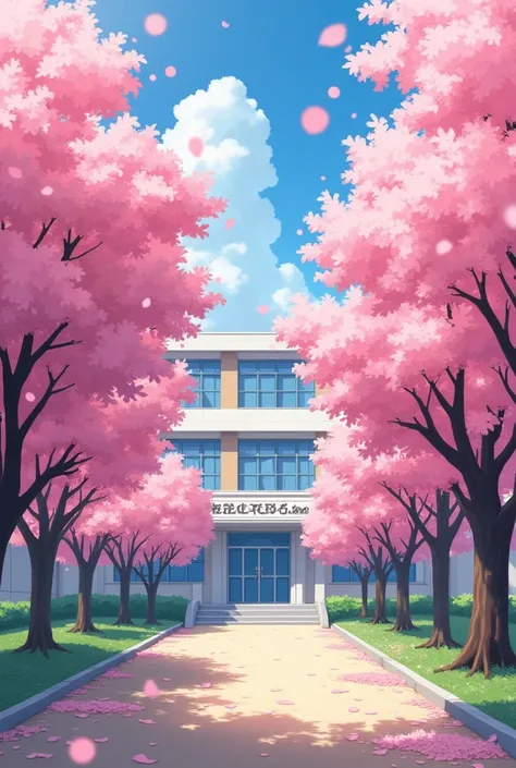 Make a schoolyard scene, full of cherry trees, no person will be in the picture, simplest anime art, school name is super heroes ultra 