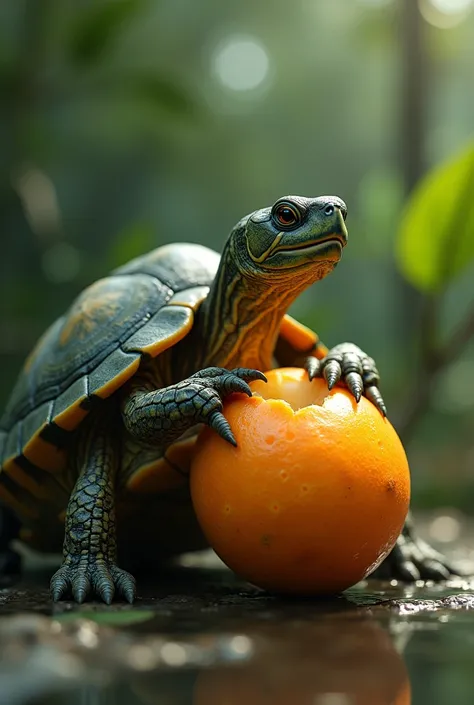 Create an image showing a short-beaked turtle, breaking the hard shell of a fruit