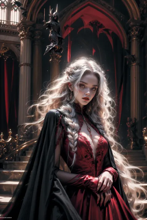 Beautiful vampire woman , very long white hair ,red golden eyes , black gown , black victorian dress , piercing look and red lipstick