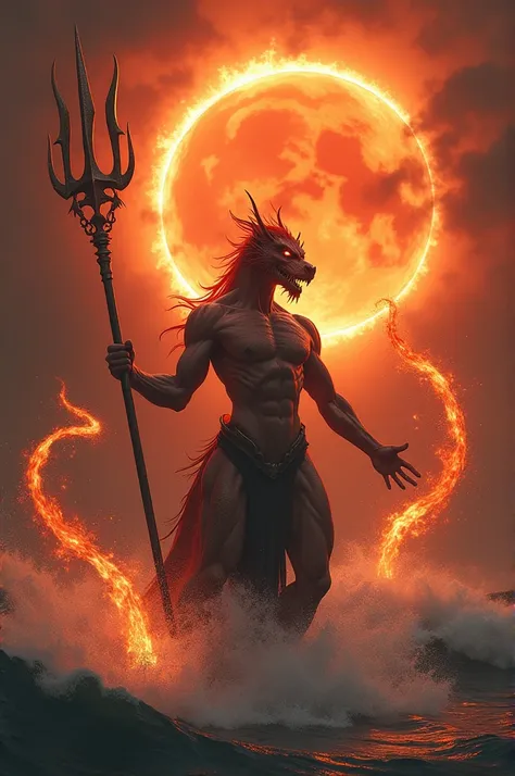 Half man half dragon in a sea holding a beautiful trident of fire ,the red sky in the background a magnificent solar eclipse and his hands controlling two tornadoes 