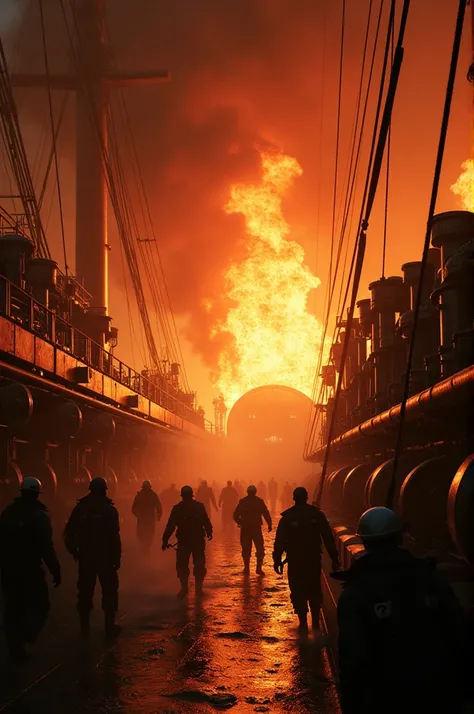 Fire in the engine room of a ship