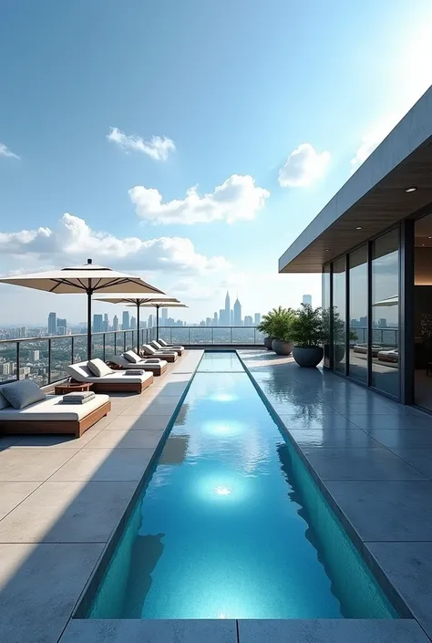 A modern swimming pool on the rooftop of a commercial building in a city. The pool is long, with LED inside the pool and with infinity edge, offering stunning panoramic views of the sunset and the surrounding city. The rooftop design is sophisticated and m...