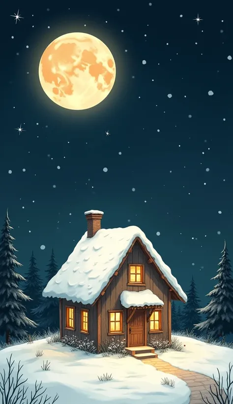 Create an image of a house with snow on the roof and a night sky with starlight and a full moon in drawing style  