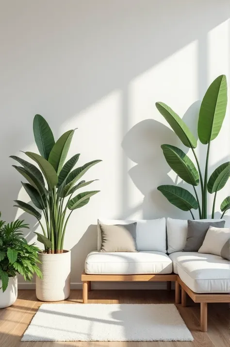 Create a comparison of two images. It has to be the same photograph of a living room with white colors, that in one of them there are no plants and in the other there are, to demonstrate the importance of plants in decoration 