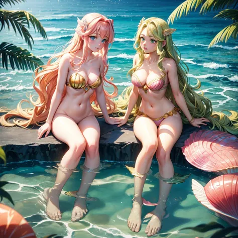 venus the goddess as a young mermaid, 25-30, pink shell bra with green mermaid tail, long wavy golden blonde hair, sitting on an open clamshell, deep ocean background, in high detail 2.5d anime style, blue eyes, barbie, margot robbie, amber heard, sydney s...