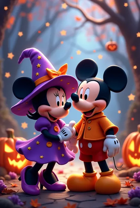 Minnie and Mickey Mouse in Halloween costume with colors like purple, orange, bright