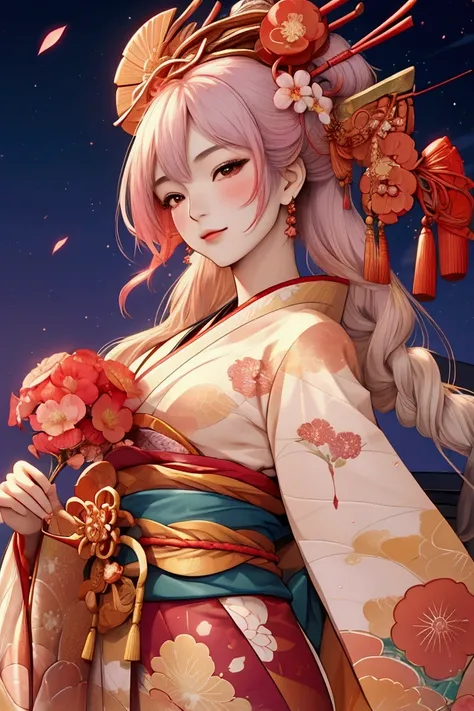 A watercolor-style portrait of a 20-year-old Japanese woman dressed as an oiran, the high-ranking courtesan of the Edo period. The scene is set against a backdrop of vibrant fireworks illuminating the night sky. The woman has an elegant and serene expressi...