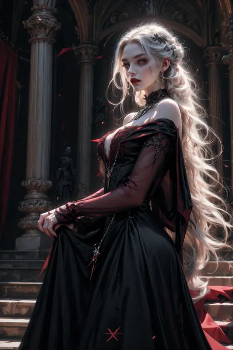 beautiful vampire woman ,pale skin, very long white hair ,red golden eyes , black gown , black victorian dress , piercing look a...