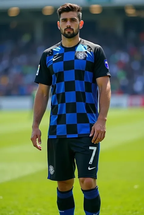 Checkered football uniform, in blue and black, with symbol of a foot