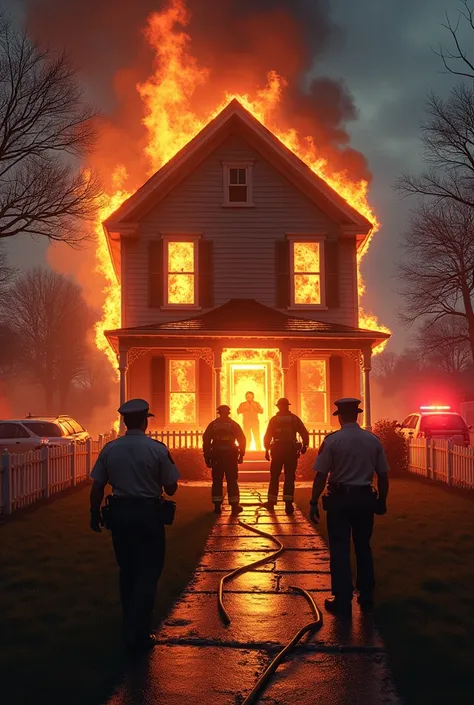 Create an image of just a burning house. With firefighters and police on site 