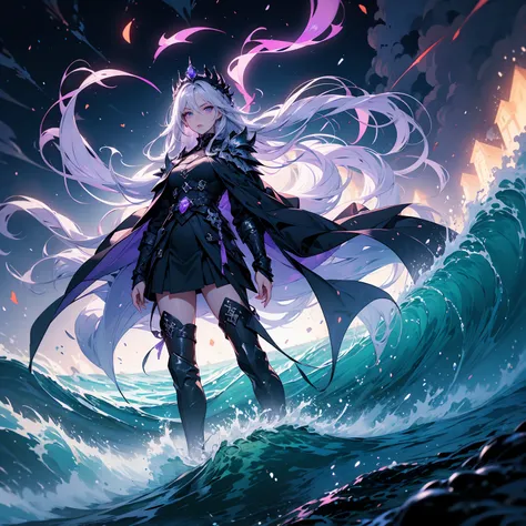 ((masterpiece, best quality, 8k))), mysterious female mage, (full-body), violet dragon silk robes, arcane glow, long wavy violet hair, braided crown, silver streaks, deep amethyst eyes, calm but intimidating expression, standing at the edge of a cliff over...