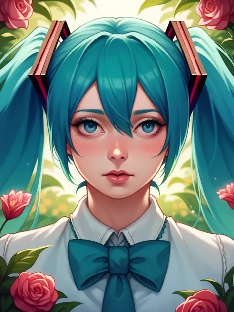 detailed portrait of a beautiful anime girl, Hatsune Miku, intricately detailed face, piercing blue eyes, long eyelashes, delicate facial features, flawless skin, blue hair in twin tails, wearing a blue and white school uniform, standing in a vibrant color...