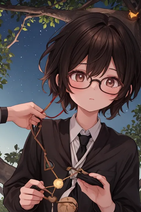 A boy with messy brown hair and glasses tries to free a girl with short black hair from a tree with glowing symbols and has her tied to the tree with its branches.
