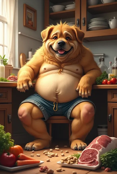 Dog,big,fat,use it,Shorts,sit down,on the chair,table,eat,vegetables,There is,milk,peanut,carrot,meat,House,kitchen