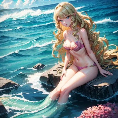 taylor swift as a young mermaid, 25-30, pink shell bra with green mermaid tail, long wavy golden blonde hair, sitting on an open clamshell, deep ocean background, in high detail 2.5d anime style, blue eyes, barbie, margot robbie, amber heard, sydney sweene...