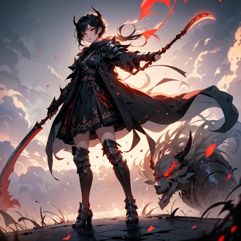 (((Best Quality))), (((Masterpiece))), ((Realistic)) ((full body shot)) slender cute  pale demon girl, pointing ears, (red colored eyes), short stylish black hair, wearing demon armor (intricate details) holding a giant demon stylish scythe.