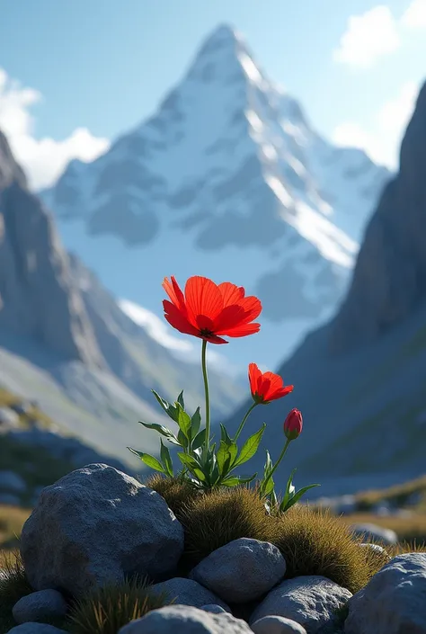 A red flower in the middle of a mountain 