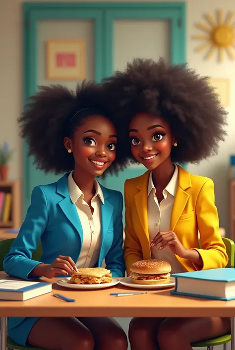 With two girls sitting on a desk,Generate an image of two black beautiful lady with Afro hair in a yellow and blue school uniform sitting on a school desk eating lunch in a school setting 