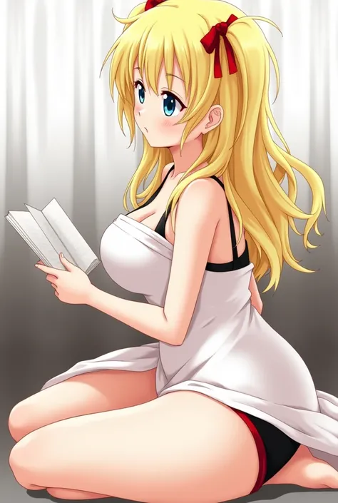 Anime girl with yellow hair tied on both sides and the whores rolled up with a white dress and you can see the black bra on top and red below with big breasts and butt she is small and is reading 