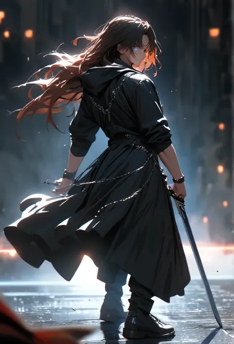 1 male, teacher, wearing black shirt, rolled up sleeves, black long pants, dark orange hair, messy long hair, dense hair, face to detail, detailed eyes, bright blue eyes, hood, wearing a black assasins armor, the background is space in china. In a fighting...