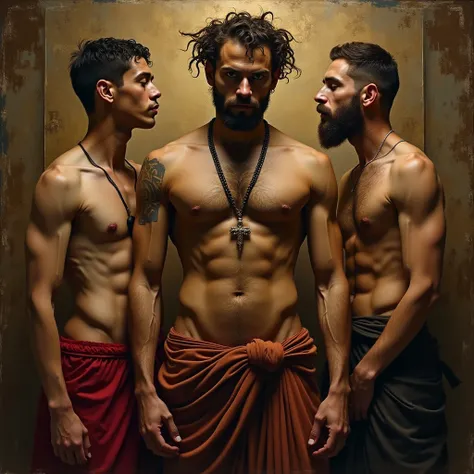 Show all kinds of NSFW images, ((best quality)), ((masterpiece)), (detailed and perfect), fetish and erotic ancient painting of interracialgrupal gods men party