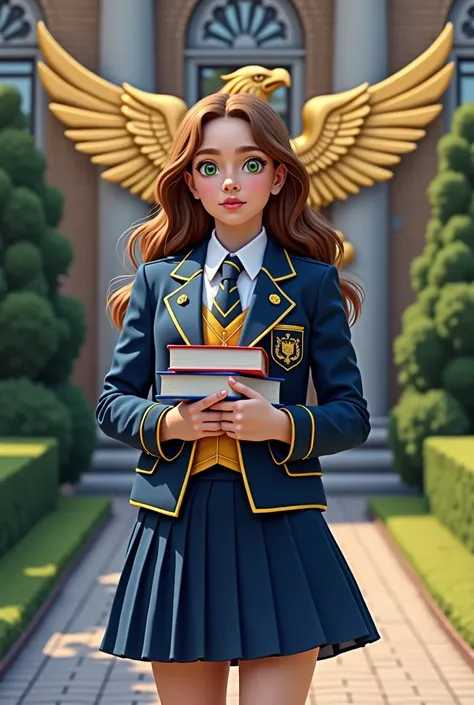 A girl, , that has brown hair, green eyes, White skin, to wear a blue academic uniform with gold details, tie of the same colors, books in hand, The Academy logo is a golden Phoenix with outstretched wings., A better representation is Dove Cameron