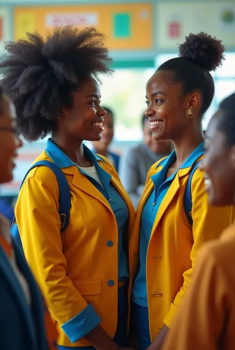 Generate an image of a  black beautiful lady with Afro hair in a yellow and blue school uniform introducing another black beautiful lady in uniform to her friends in a school setting 