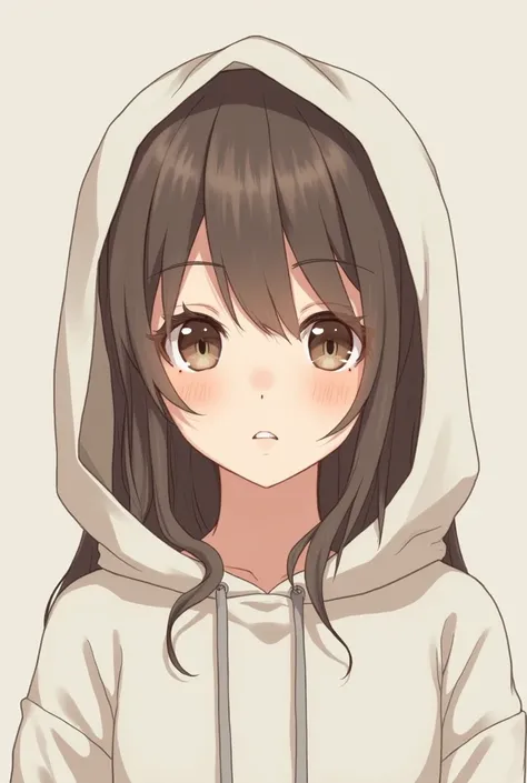 Anime 2D girl emotionless face with feckles brown eyes with brown brunette long hair wearing white hoodie on her head