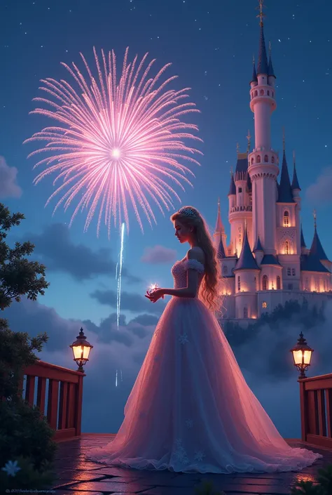 One magical night under a starry sky, the princess stood on the balcony of Cinderella&#39;s castle, shining in her royal dress that reflected the colors of the fireworks exploding in the sky.. The castle was a masterpiece of medieval architecture, adorned ...