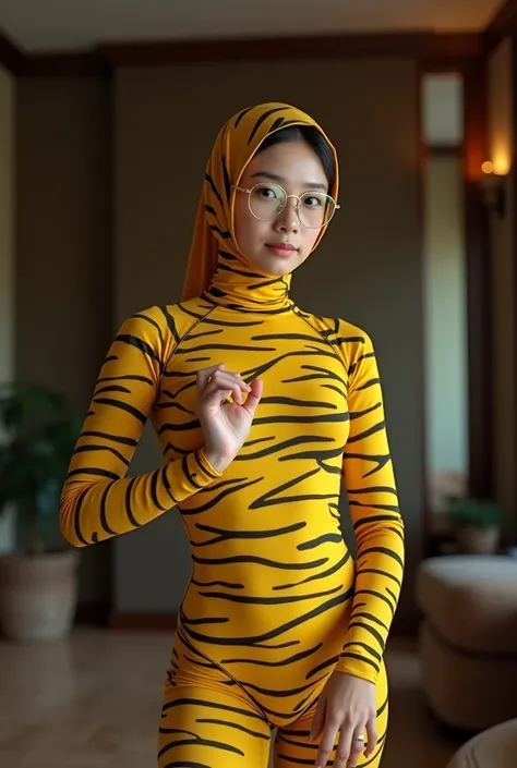 A most beautiful and thin 2  chinese contortion girl wearing a glasses wears yellow tiger Lycra turtleneck unitard catsuit covered with seamless black tiger paterns.She always wear Lycra dancewear hijab-like hood.She has beautiful cheeks on her face.She is...