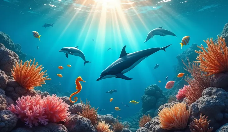 Landscape Photography、morning sunlight, warm tone, sea corals of all colors, seahorses, jellyfish, angel fish, dolphins in the crystal clear blue ocean water, masterpiece, highly detail, style raw, 32K UHD, extremely hyperrealistic, Whales in the water