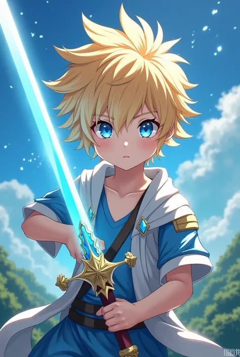 creates an image of a boy with raised, blond hair, blue eyes in anime style and with a light sword in the style of genshin impact 
