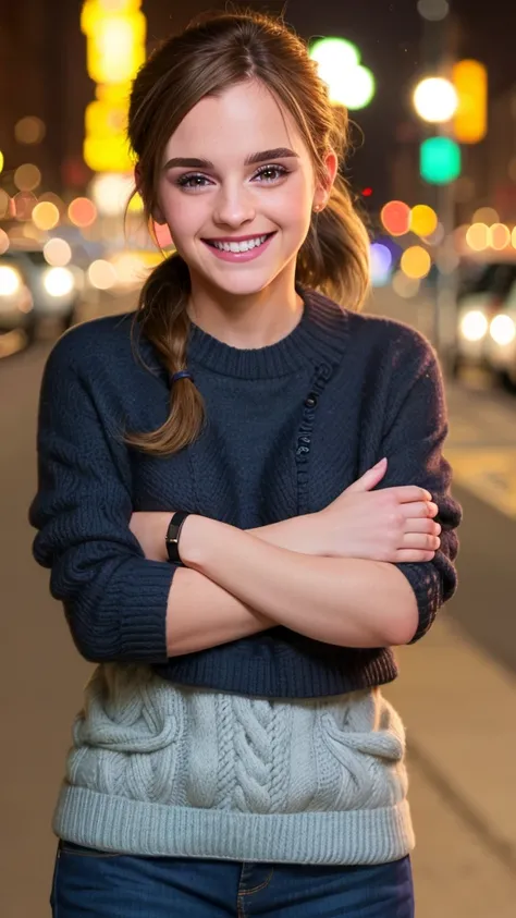 emwts, brown hair,ponytail,close-up,smile,canon powershot,extreme dof,wearing sweater,city street,night,bokeh,soft lighting,masterpiece