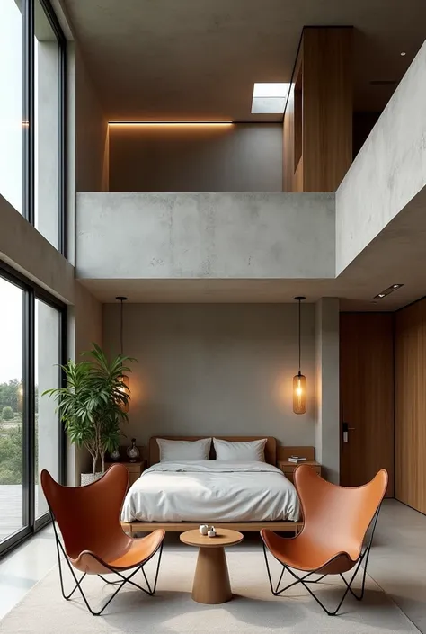 Design a modern and stylish loft with a minimalist aesthetic. The room features a lower sleeping area with a bed and a sitting area with two leather butterfly chairs and a small coffee table... A staircase leads to an upper loft area with another bed.. The...