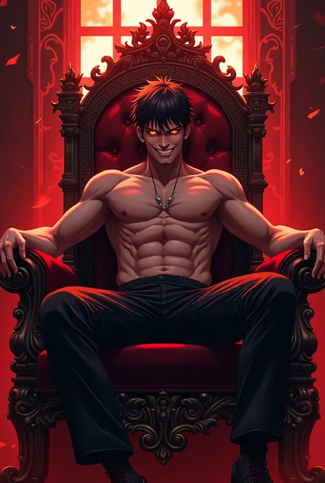 A dark-haired man , curry hair, he has to be shirtless, Eyes red, sitting in a throne, and has an evil smile, the image has to be in anime form