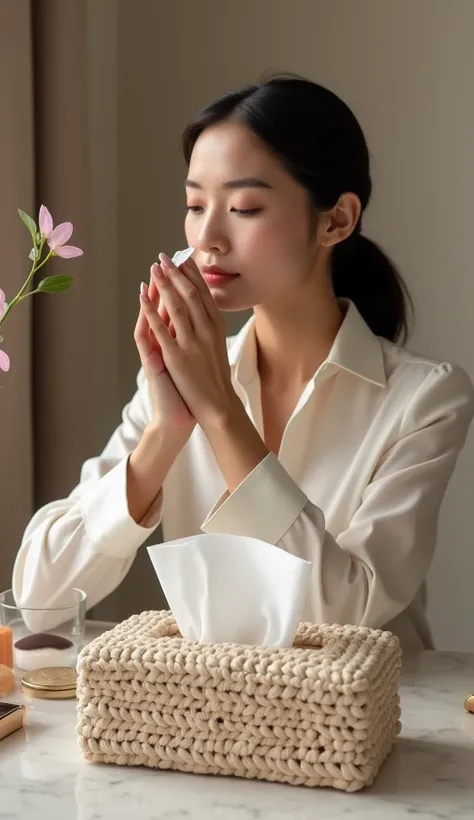 An Asian sophisticated woman picking up a tissue from the rectangle macrame tissue box on her makeup table to clean up some spot on her face 