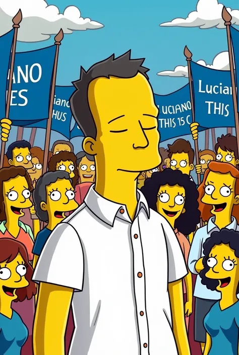 Create a Simpsons-style image of a councilman with happy people around him and blue flags, written “Luciano THS 15015” the councilor must wear a white dress shirt, body skinny, black hair with small hairline