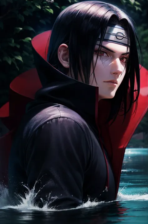 uciha itachi, (in a lake), masterpiece, best quality, ultra quality, absurd details, best light, best shadow, sharp, sharp pictu...