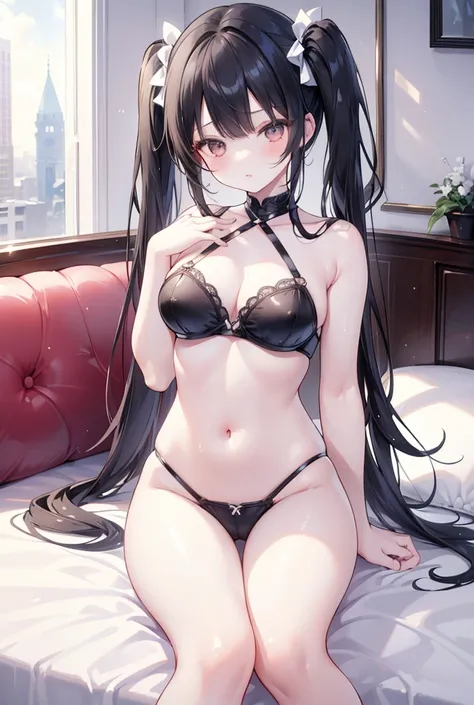 (Masterpiece)、Highest quality、Highest quality、High resolution、Two beautiful girls、One of them is a beautiful girl with black hair in twin tails and bangs.、The second person is a beautiful girl with medium-long white hair.、Close your eyes、to kiss、Shiny Hair...