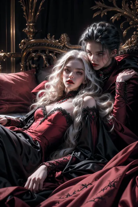 Beautiful vampire woman ,pale skin, very long white hair ,red golden eyes , black gown , black victorian dress , piercing look and red lipstick, laying on the bed