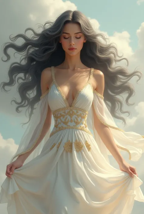 Generates a goddess with curly hair and shades between gray and black. With a peaceful look, White dresses with golden dove embroidery. Without accesories, a goddess that represents peace 